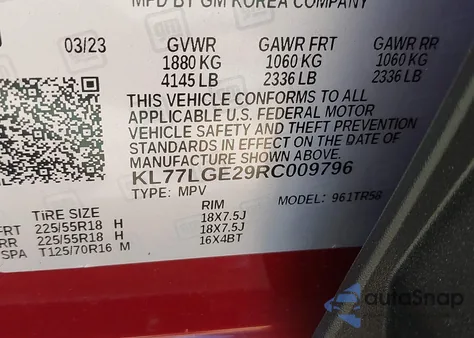 2024 Chevrolet Trax Fwd 1Rs from USA, damaged, VIN KL77LGE29RC009796